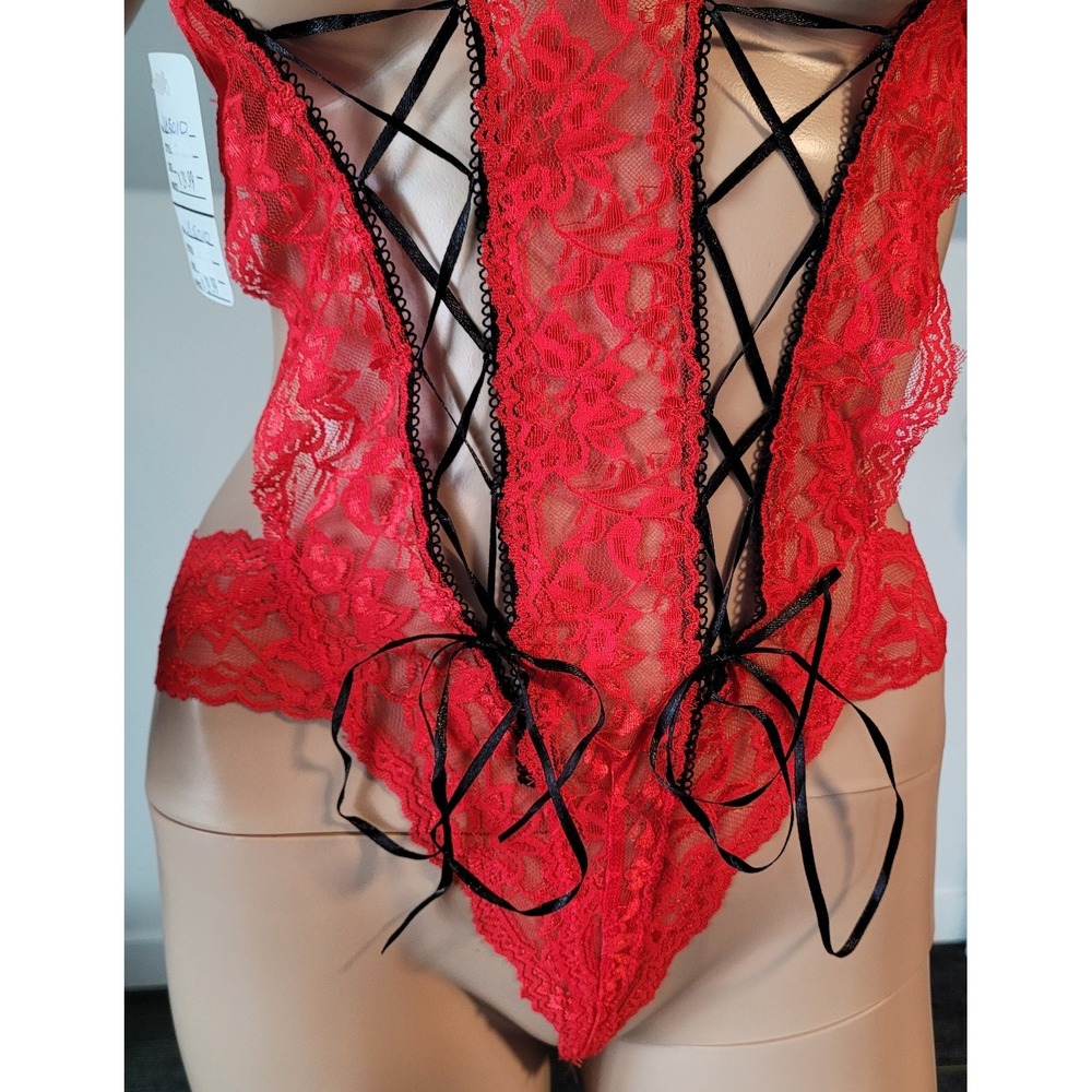 Women's Sexy Red with Black Lace Up Nylon Teddy  With G-String Bottom Size S/M‎ - Picture 3 of 10